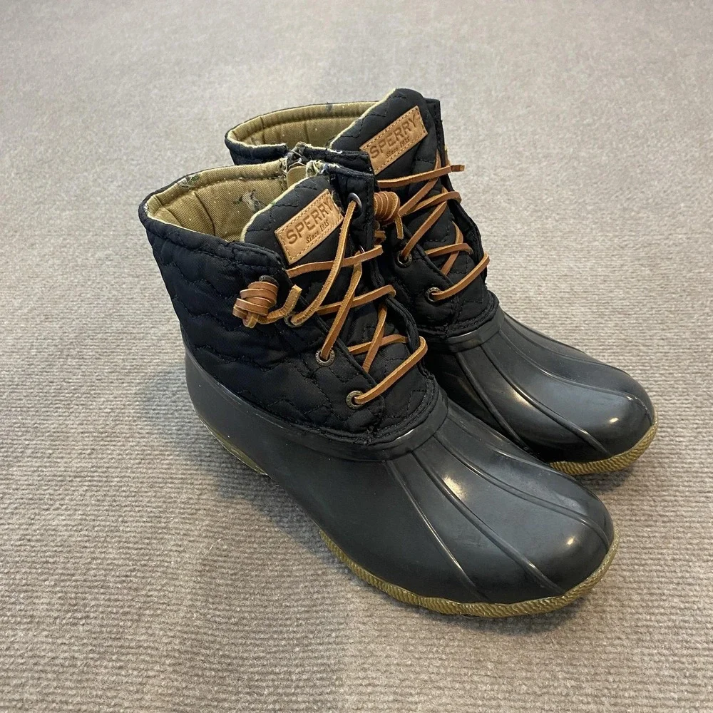 Sperry Duck Rain Boots Womens Size 7.5 Black Quilted Waterproof‎ Ankle STS84367